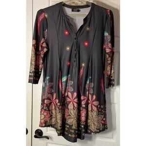 R&B Multi Color 3/4 Sleeve Boho Floral Resort Artsy Pockets Tunic Dress XL